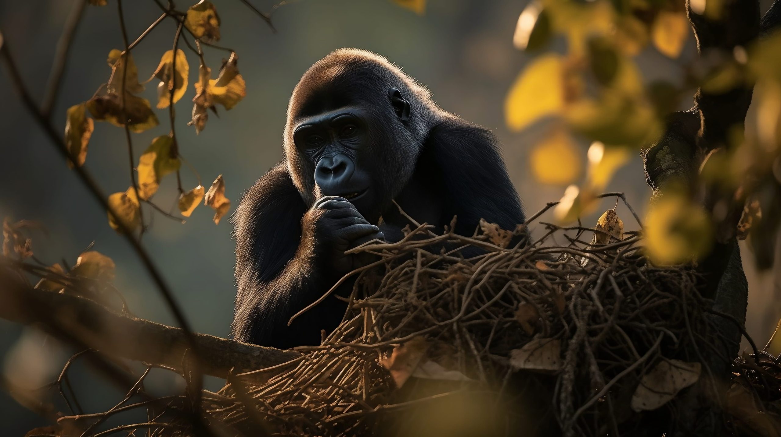 A gorilla demonstrates its remarkable dexterity while building a cozy nest in a tree.